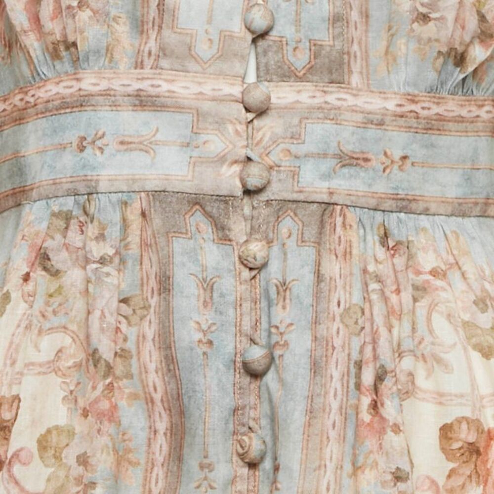 Zimmermann Beige /blue Printed Linen Plunge August Midi Dress M - Picture 3 of 5